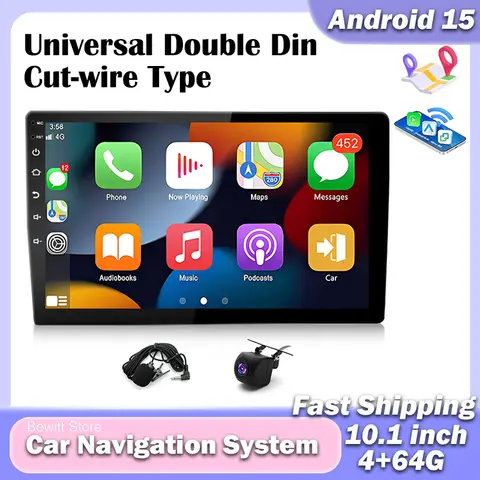 Universal Double Din Cut‑wire Type 10.1in 4+64G Android 15 Car Stereo Multimedia Video Player GPS Navigation Car Intelligent System with Carplay Android Auto Split Screen Bluetooth AHD Camera and Microphone