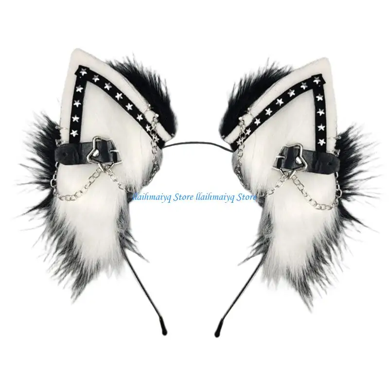 573B Metal Animal Wolf Ear Headband With Star Decors and Bendable Design For Cosplay Party Halloween Gathering Dressingup