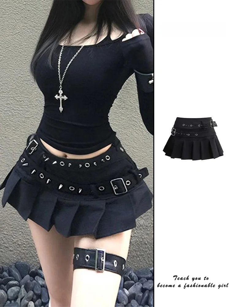 Y2K Millennium Sle ort Bla Skirt Women's Low Waist Pleated  Skirt Heavy Du Rivets Pure Desire Autumn Faion