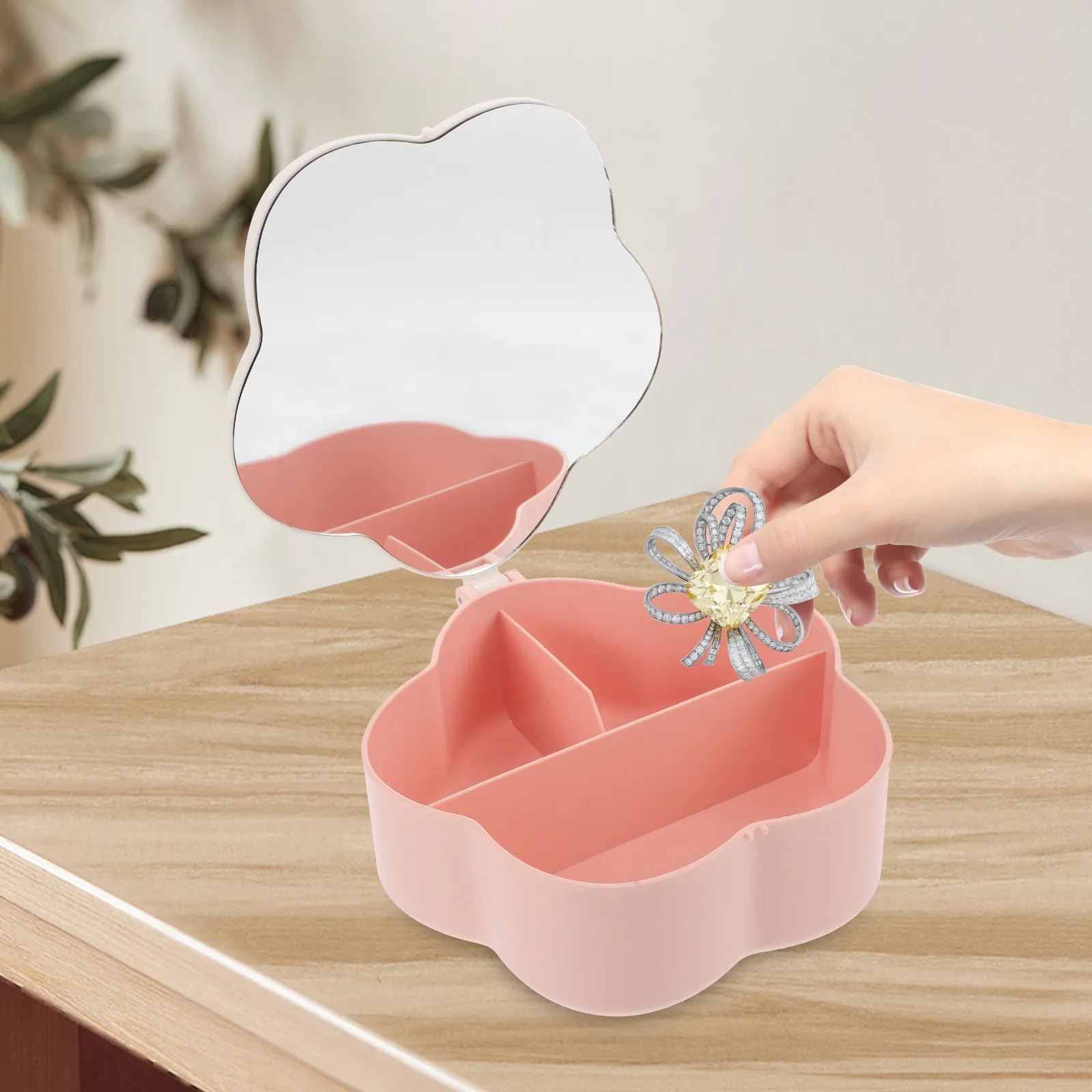 

Коробка-органайзер для украшений в форме цветка с зеркалом, компактный футляр для хранения ожерелий, колец, серег, для туалетного столика и путешествий