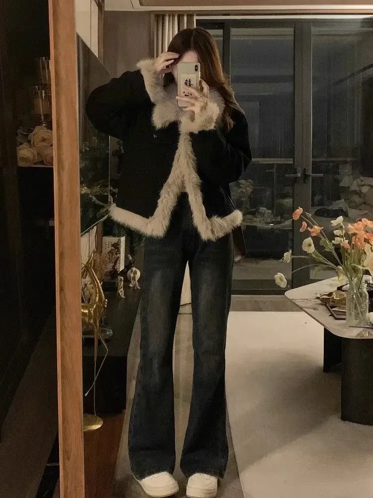 Suede Y2k Aesthetics Brown Jacket Women Winter New Black Vintage Korean Denim Coat 2000s Harajuku Flip Collar Tops