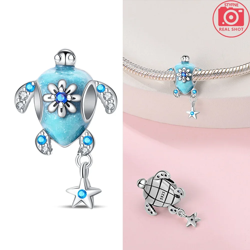 Silver-Plated Blue Flower Turtle Charms for Bracelets