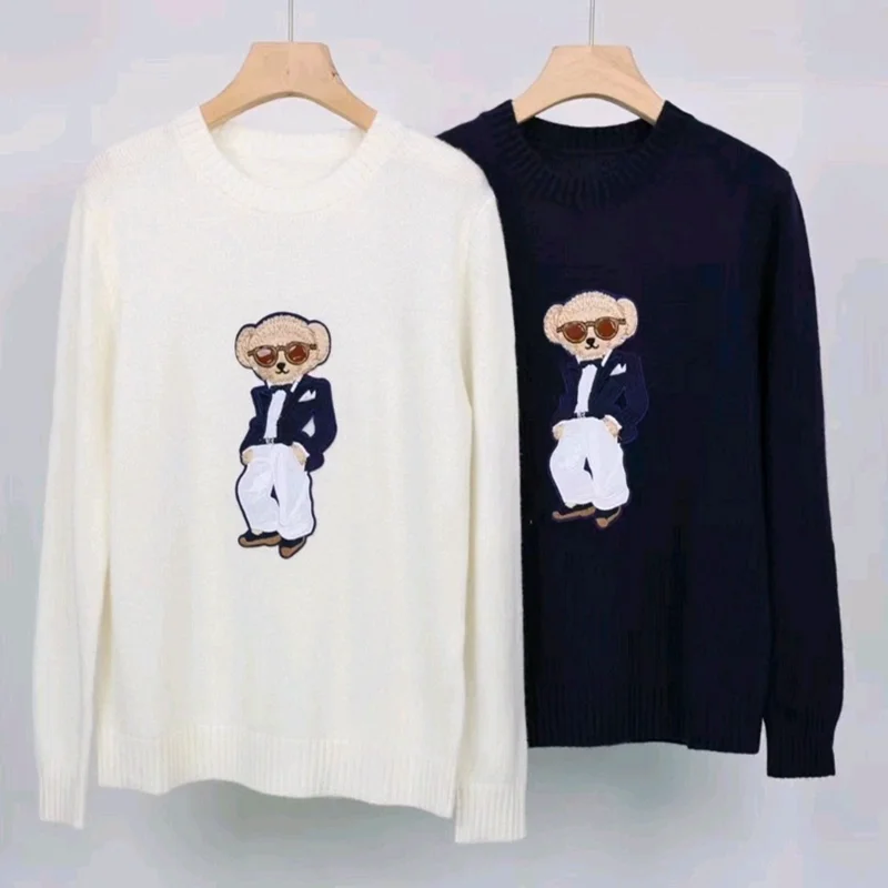 Sweater women\'s new casual and warm cartoon bear pattern round neck long sleeved sweater for autumn and winter 2024