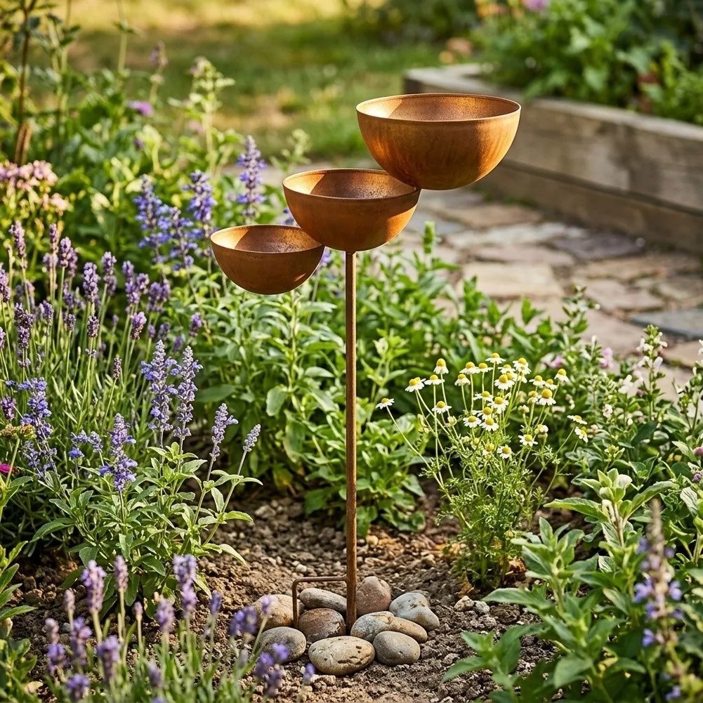 Antique Bronze 3 Tier R'ain Catcher Stake Metal B'ird Bath And Pollinator Station For Garden Yard Outdoor Watering Decoration