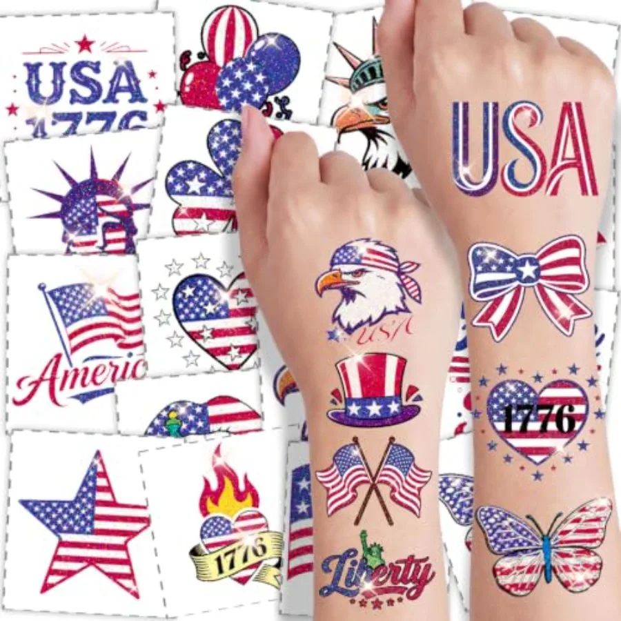 

108 PCS Glitter 4th of July Temporary Tattoos Waterproof Pre-Cut Independence Day Tattoos with American Flag and Eagle Designs,