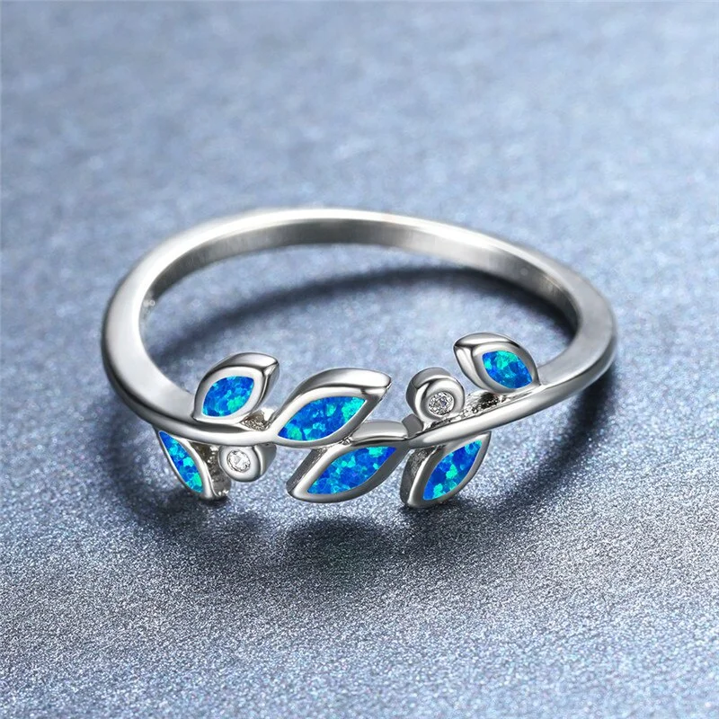 2024 Fashion Blue Fire Opal Leaf Rings for Women Jewelry Accessories Gift Cute Women Rhinestones Zircon Fine Engagement Rings