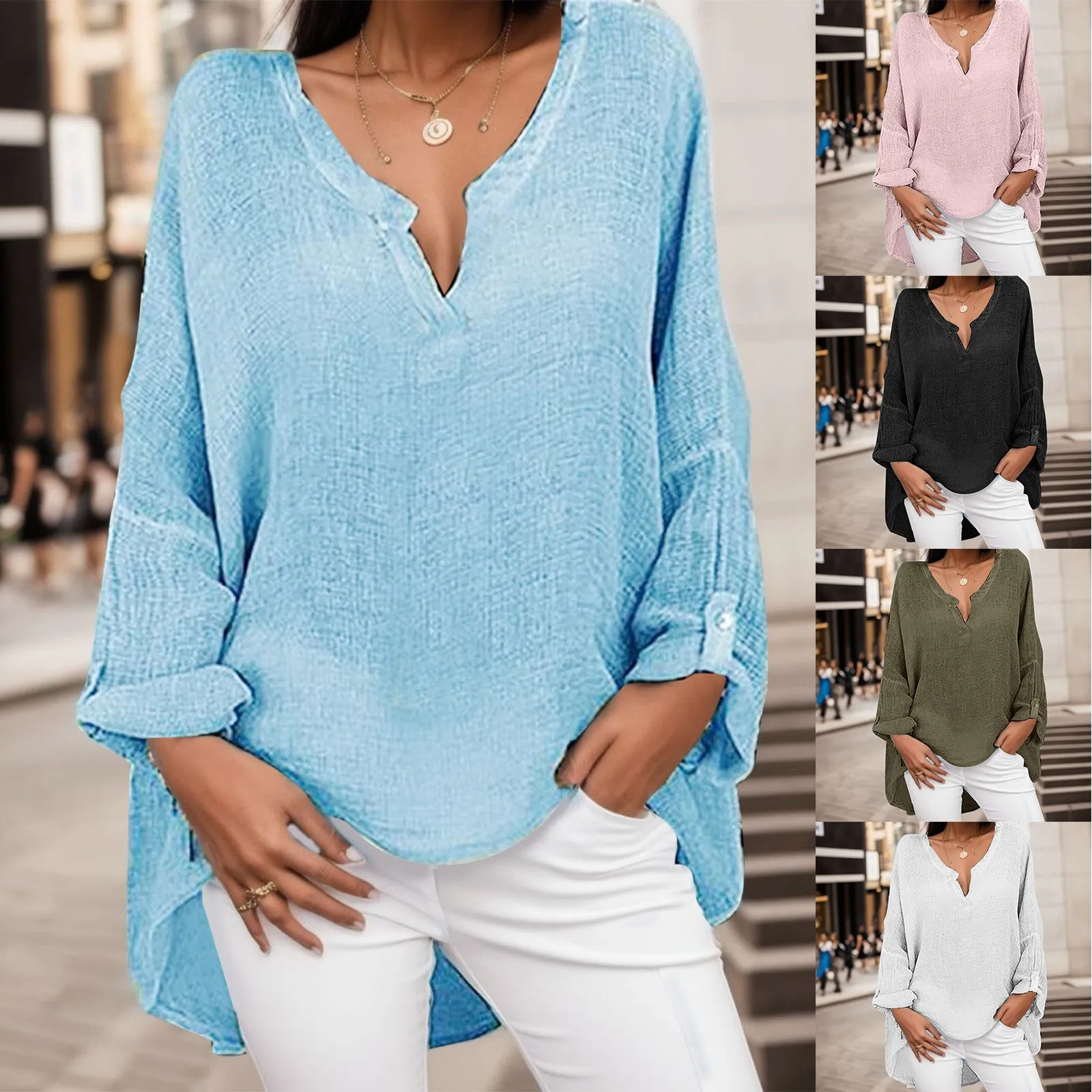 Women V Neck Long Sleeve Loose Blouse Casual Tops Spring Summer Female Pullover Blouse Shirts Autumn Bohemian Clothes