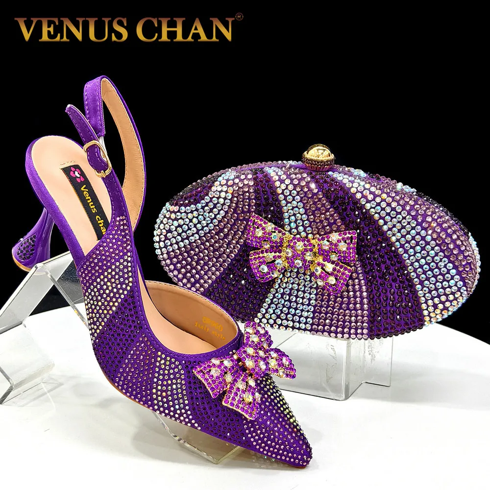 Venus Chan Nigeria diseño zapatos de mujer sexuales con incrustaciones de diamantes de imitación y bolso ovalado tacones altos y Mini bolso de Color púrpura
