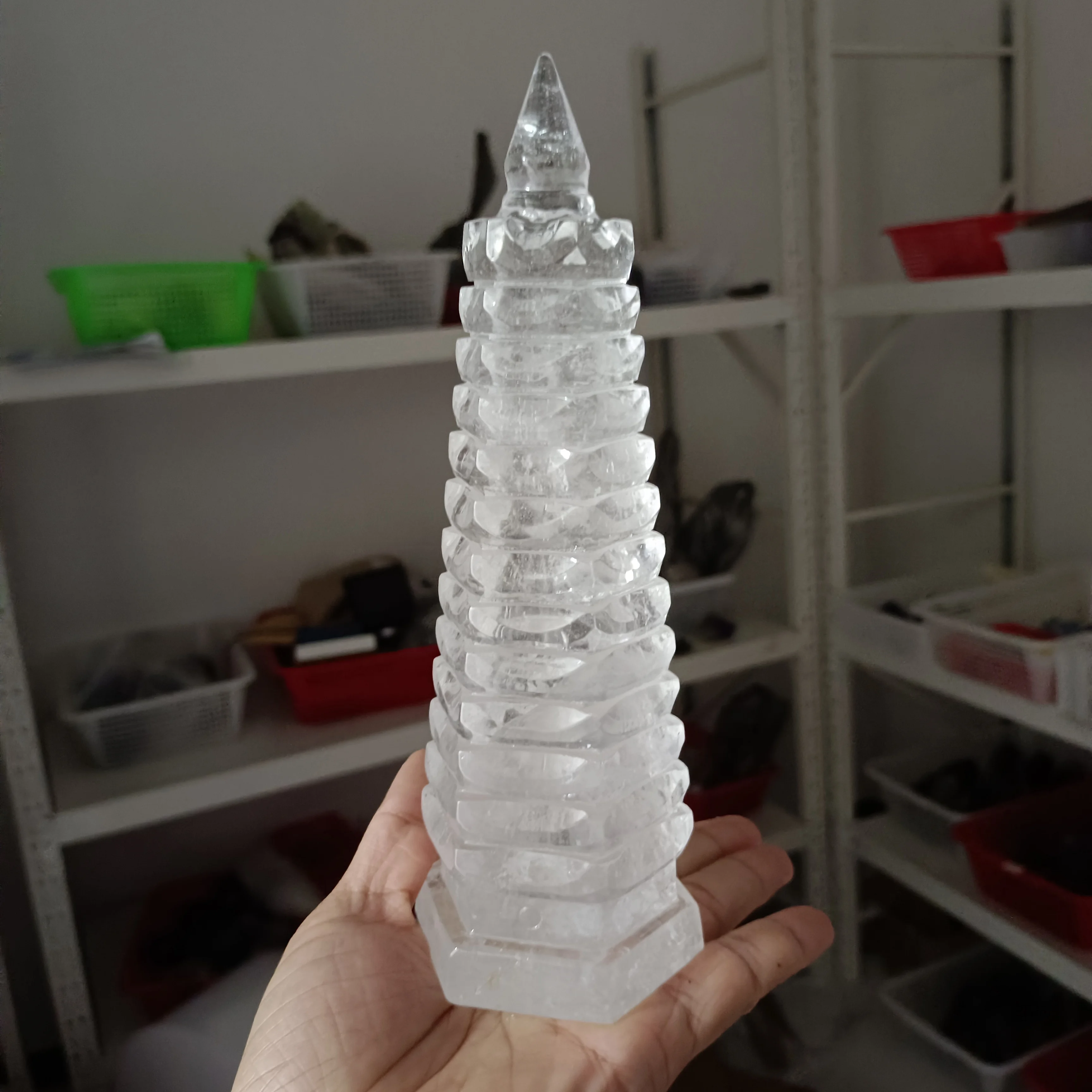 Huge Natural White Quartz Wenchang Tower,Transparent Crystal Carved Tower,Mineral Tower,Degaussing Divination Decor Meditation