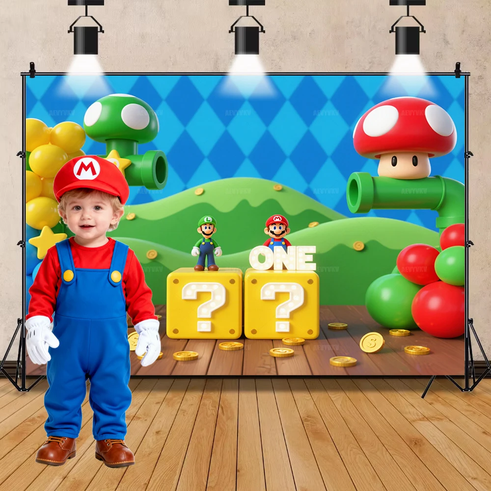 Mushroom Coin Red Plumber Green Pipe Question Block Star Backdrop Photo Booth Birthday Baby Shower Party Decor Pixeled Retro