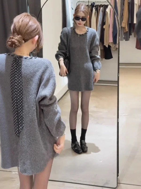 

Свободный длинный вязаный свитер светя, женский осенне-зимний галстук-бабочка в горошек, удобный мягкий моющийся топ в Корейском стиле