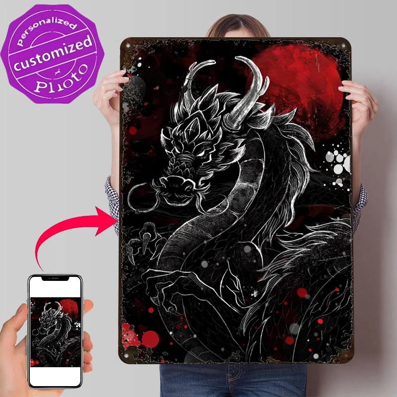 Dragon With Red Moon Digital Art 3D Texture Tinplate Poster Customized Wall Art Vintage Metal Signs for Fans Office Decor Room
