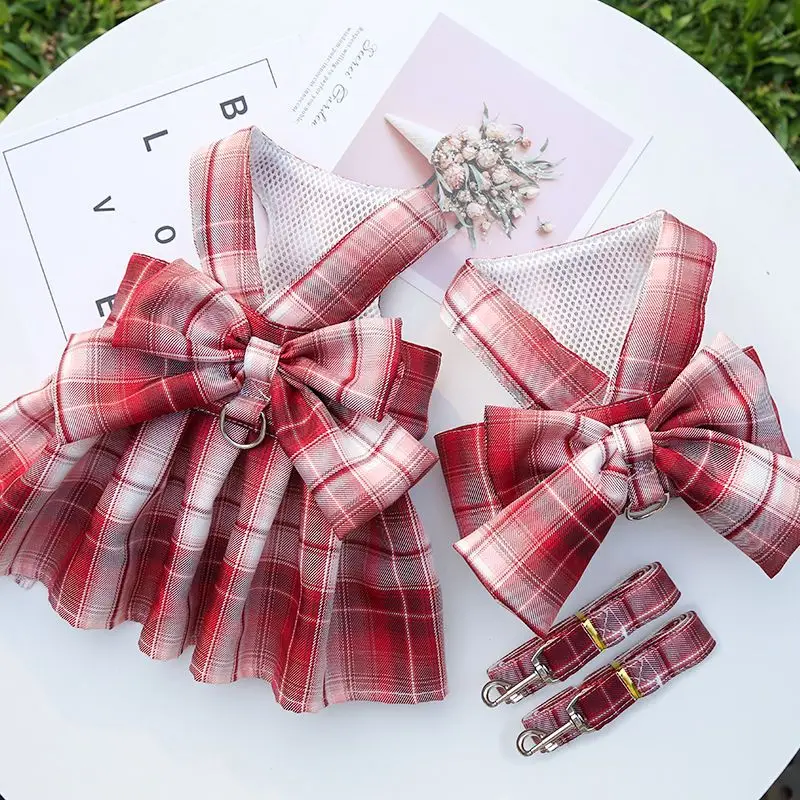 

Pet dog cat jk plaid skirt vest leash teddy than bear out clothes chest strap walking supplies