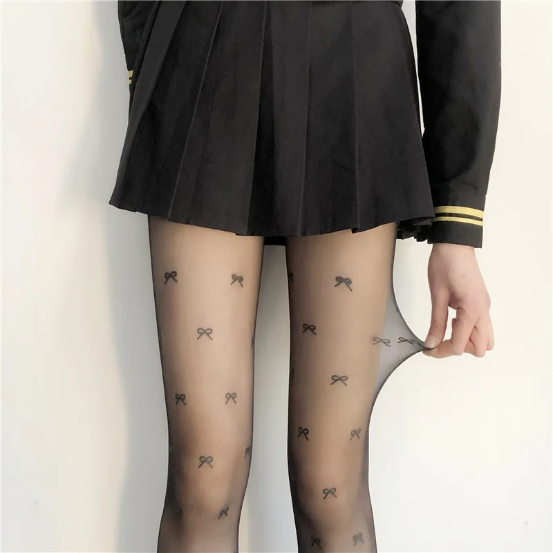 Bow Jacquard Black Silk Stockings Women's Spring and Summer Thin Velvet Arbitrary Cut Pantyhose Jk Internet Celebrity Ins Fashio