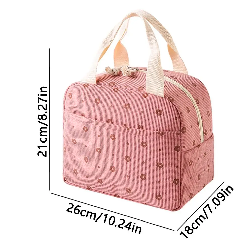 Floral/Plaid Design Corduroy Lunch Bag Waterproof Thermal Insulated Lunch Tote Multifunctional Large Capacity Picnic Food Pouch