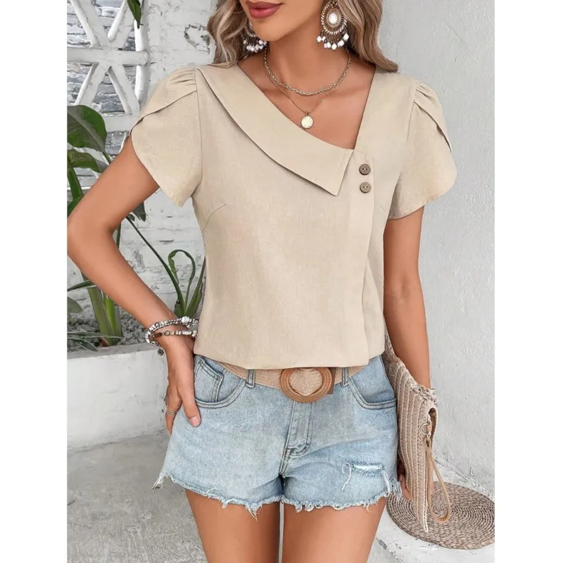 Summer Solid Women's Slant V Neck Pullover Shirt Elegant Petal Short Sleeve Button Decoration Fashion Blouse Casual Female Tops