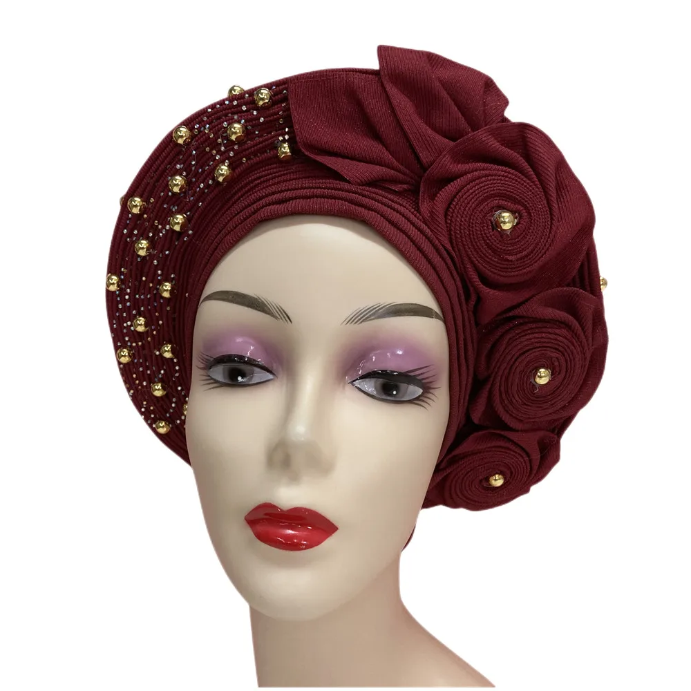 Gold African Sego Gele Headtie Nigerian Headwear With Stone Beads Finished Auto Turban Wide Brim Headwear For Women High Quality