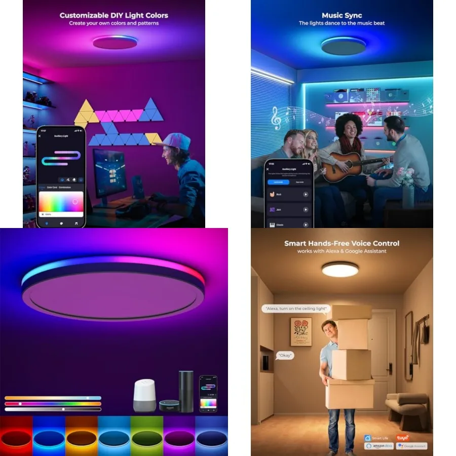 

Smart LED Ceiling Light WiFi, 12IN RGB Flush Mount Light Fixture, DIY Colors, Compatible with Alexa Google Home, 3000K-6500K Ce