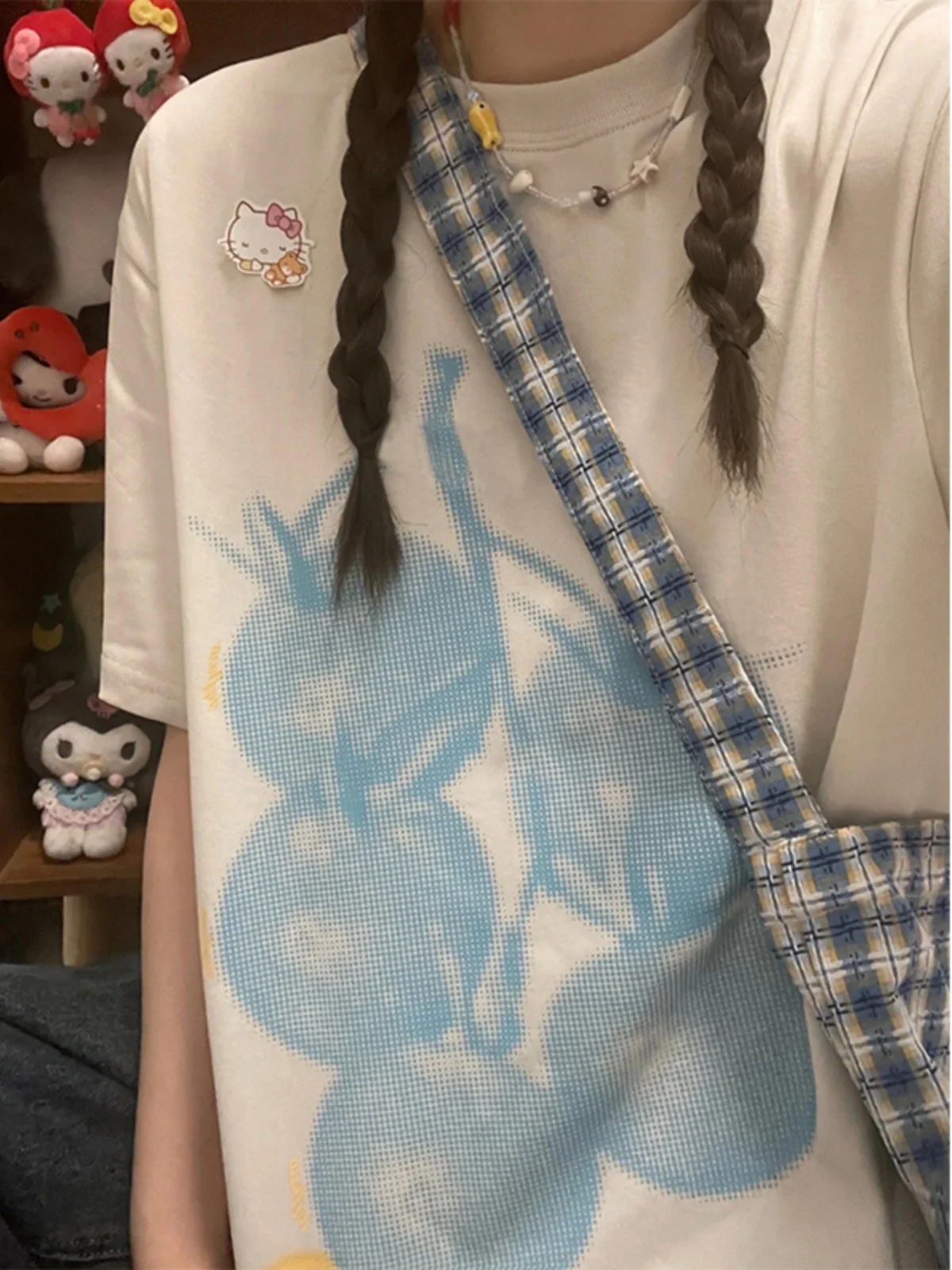 

Plus Size Retro Korean Cartoon Fruit Short Sleeve T-Shirt Women's Loose Oversize Fashion Hot Sleeve Summer Top Feminino