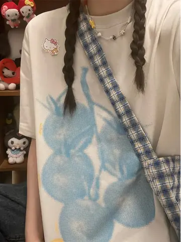 플러스 사이즈 레트로 한국 만화 과일 반팔 티셔츠 여성 느슨한 특대 패션 핫 슬리브 여름 탑 Feminino