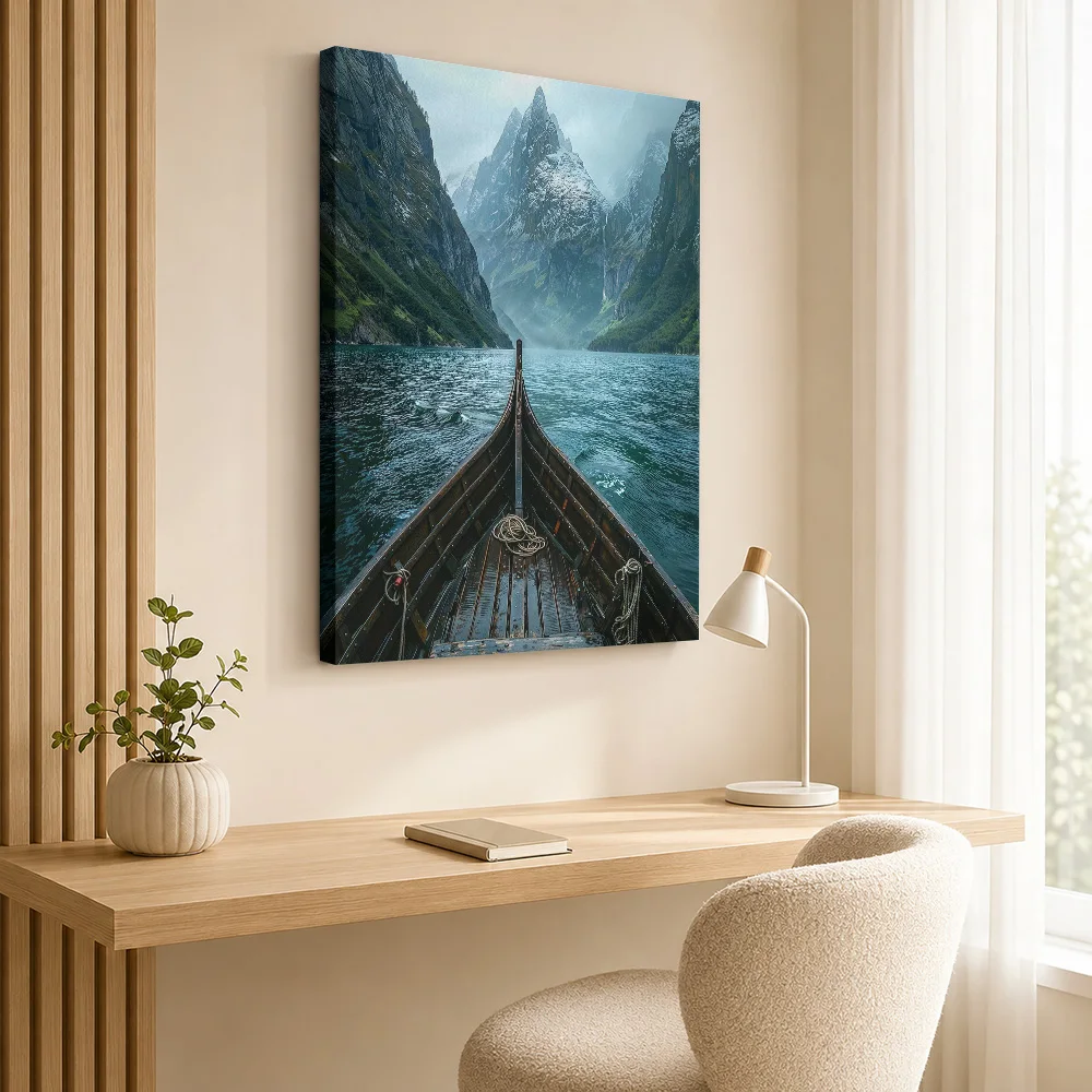 Viking Boat On Fjord Canvas Poster Customized Photo Detailed Realistic Composition Wall Art For Dining Room, Housewarming Gift