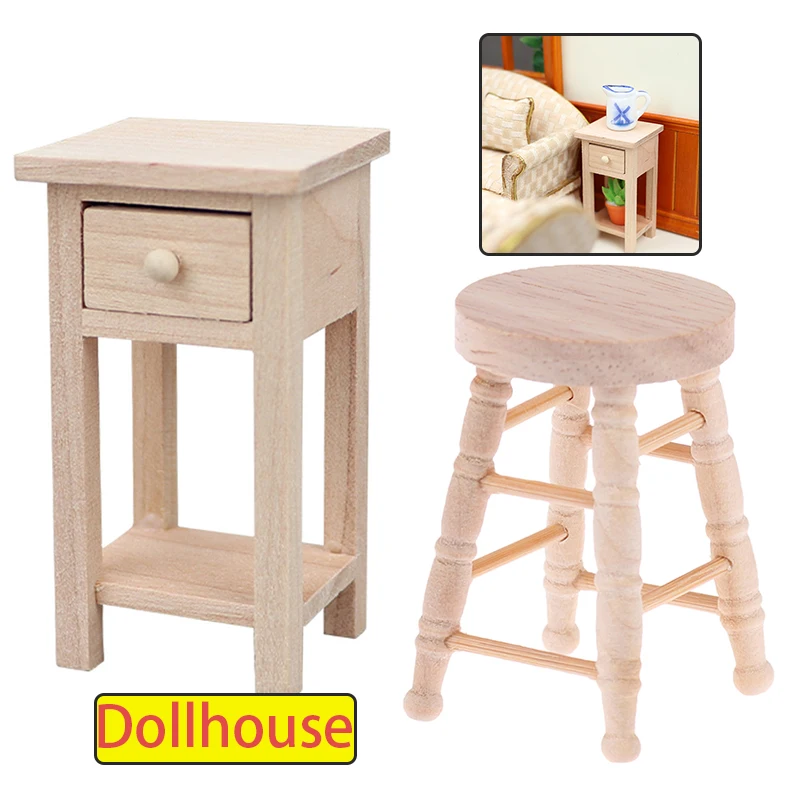 1:12 Dollhouse Miniature Wooden Stool Side Table Nightstand W/Drawer Model Furniture Decor Toy Doll House Accessories
