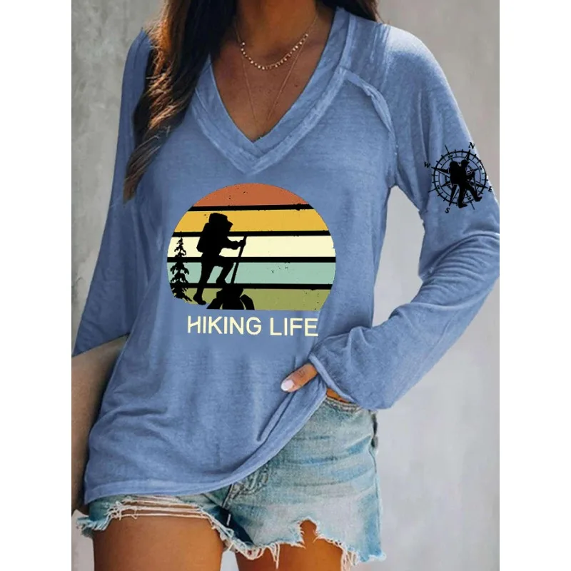 ilstile Women's Hiking Life Print T-Shirts Autumn Summer Long Sleeve Casual Loose V Neck Tops Tees New Arrival