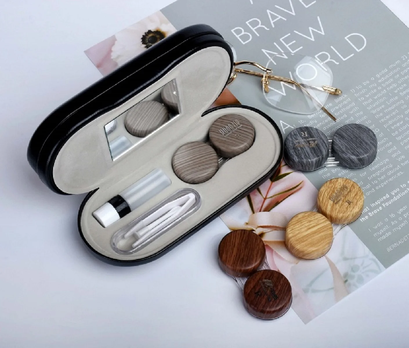 Pressure-resistant dual-purpose double-layer contact lens case imitation wood-grain contact lens case fashion frame glasses case