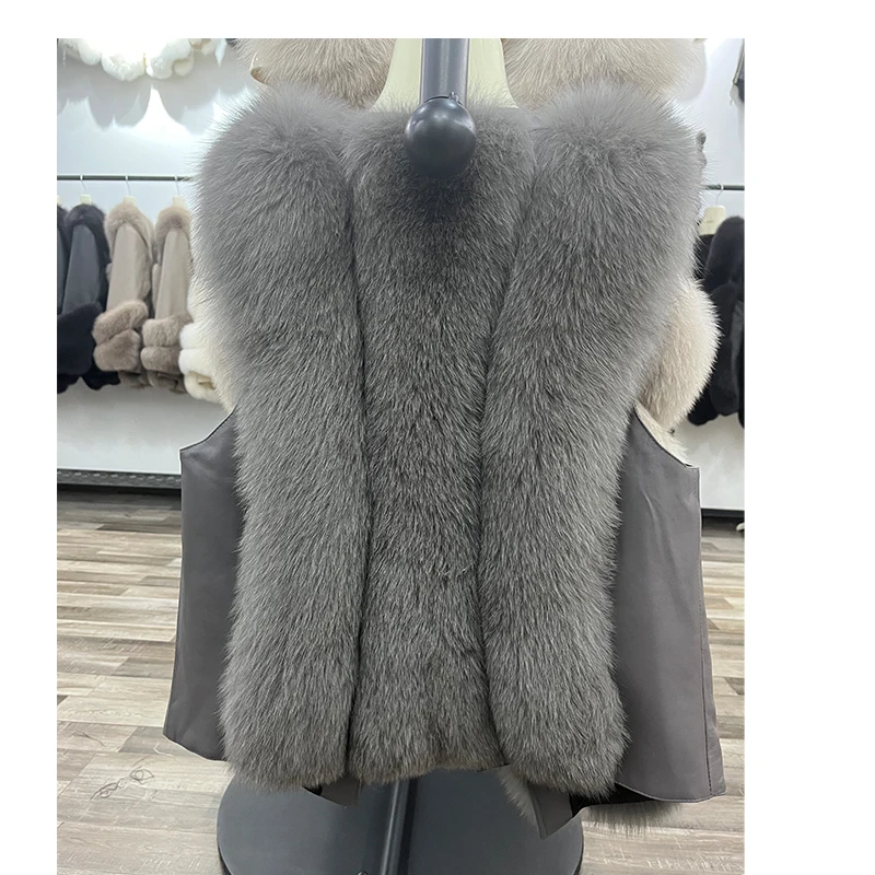 2024 turndown collar 100% Real Fox Fur Vests Women Natural Fur Gilets Lady Luxury Waistcoat Leather with zip Autumn Winter