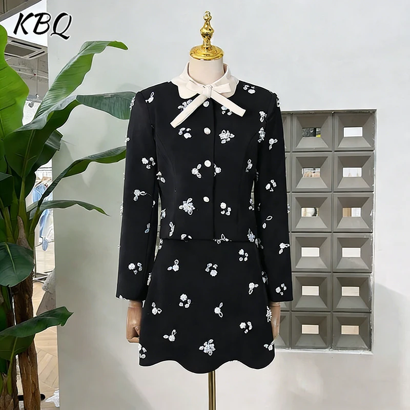 

KBQ Solid Spliced Beading Two Piece Set Female Round Neck Long Sleeve Jacket High Waist Skirt Elegant Korean Set Female Spring