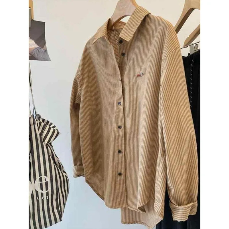 

Модная корейская рубашка с длинным рукавом в вертикальную полоску и вышивкой щенка, кардиган с длинными рукавами и лацканами на пуговицах