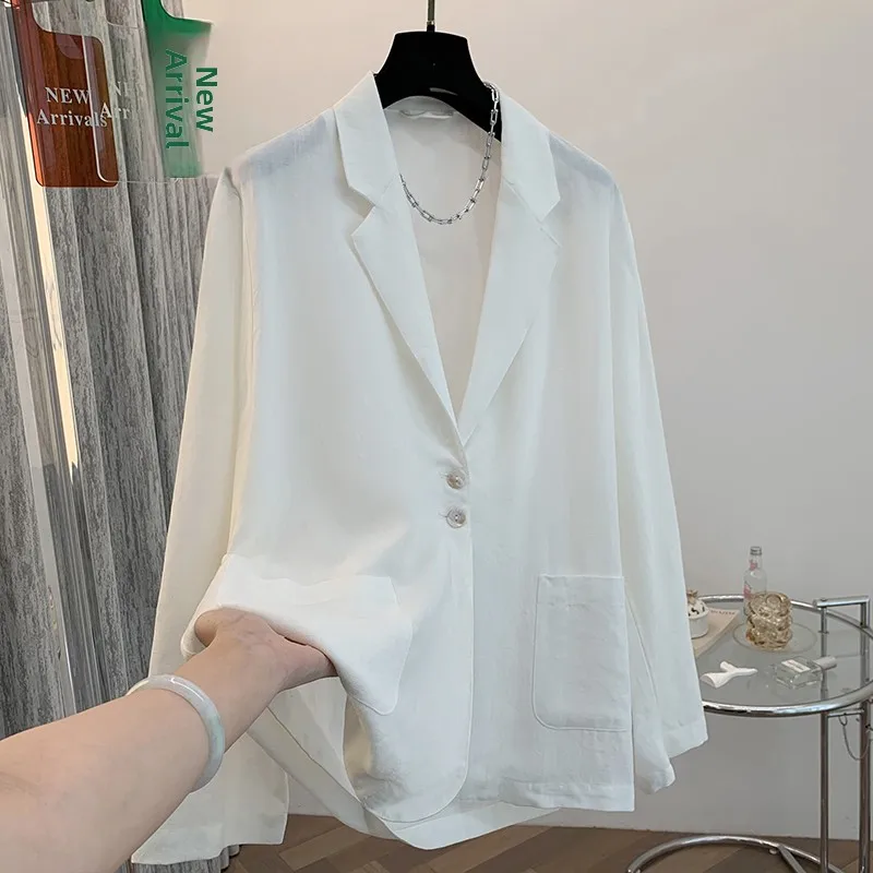 

Retro Korean Sle Women's Light Weight Long Sve Suit Jaet Loose Fit Casual Cotton Single Button Closure Pure Color