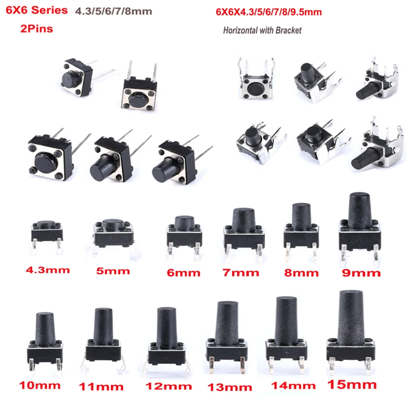 

50PCS 6X6 Series Tact Switch 6*6*4.3/5/6/7/8/9/10mm Pins 2/4 Feet Horizontal Bracket Push Button Switch DIP PCB Micro/key Switch