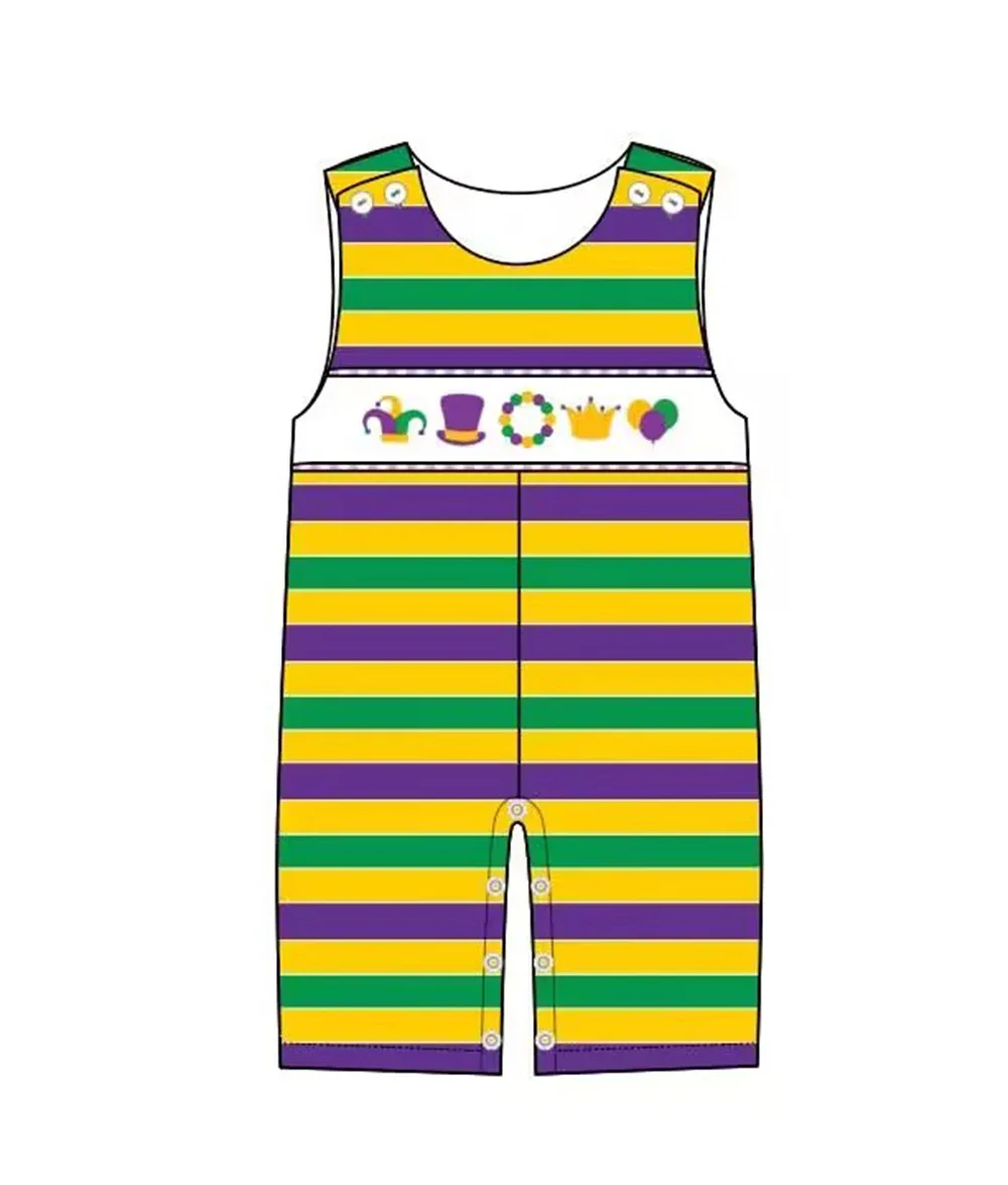 Wholesale BoutiqueToddler Mardi  Gras romper Children's Long Sleeve Jumpsuit Lapel Ruffled Purple Plaid Milk Silk Baby Clothing