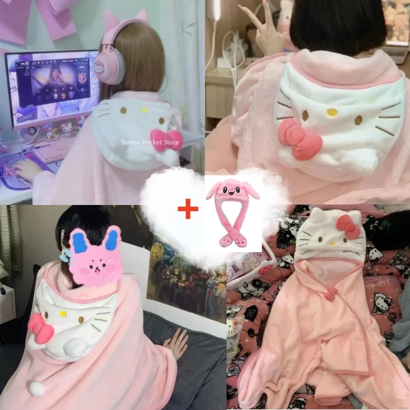 

Hello Kitty Plush Blanket Hoodie Cloak Dorm Office Blanket Air Conditioning Blanket Shawl Kawaii Soft Warm Flannel Clothing