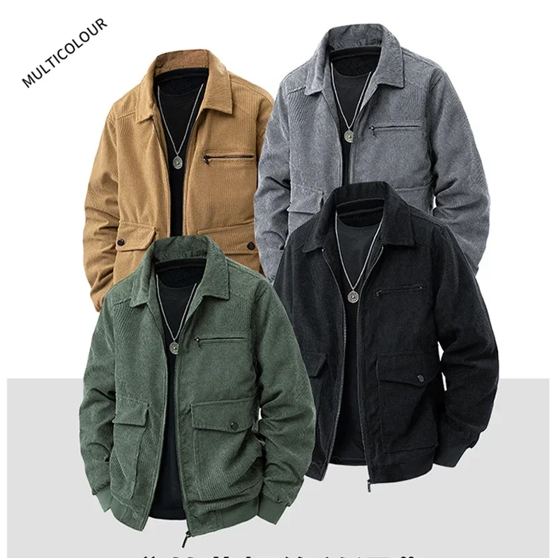Cordjacken für Herren, Herbst-Winter-Windbreaker, einfarbige, lässige Cargo-Jacke mit mehreren Taschen, Oberbekleidung, modische Utility-Jacke – Detail 7