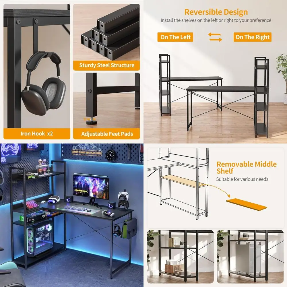 

47 L-Shaped Home Office Desk with Storage and Hooks, Black