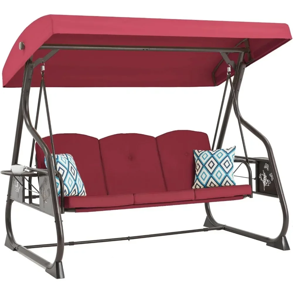 3-Seat Outdoor Porch with Stand, Patio  with Canopy, 2 in 1 Porch Swing Bed & Patio Swing Chair for Adult