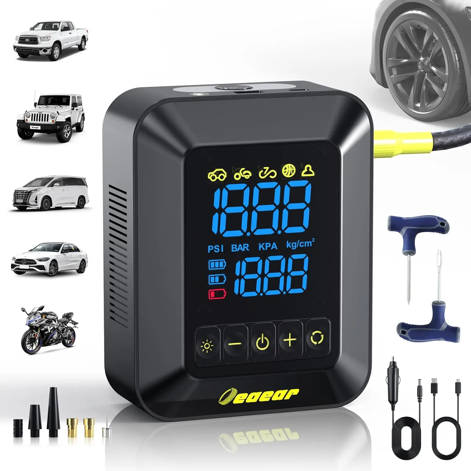 

Air Pump for Car Tires, 6-in-1 Repair Kit, 150PSI Cordless Inflator, 12000mAh, 50LPM, Black AP11