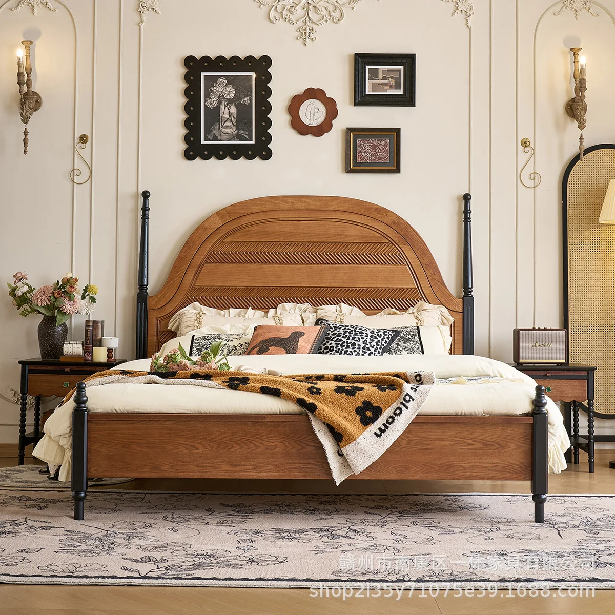 

French retro bed antique bed 1.8 meters American double ash wood high backrest master bedroom 1.5 meters all solid wood bed