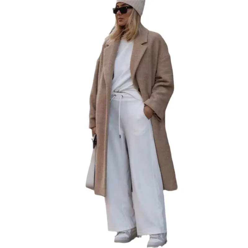 Płaszcz wełniany damski w stylu temperament, modny, jednolity kolor, klapy, długi rękaw, luźny, długi płaszcz, ciepły płaszcz na jesień i zimę.