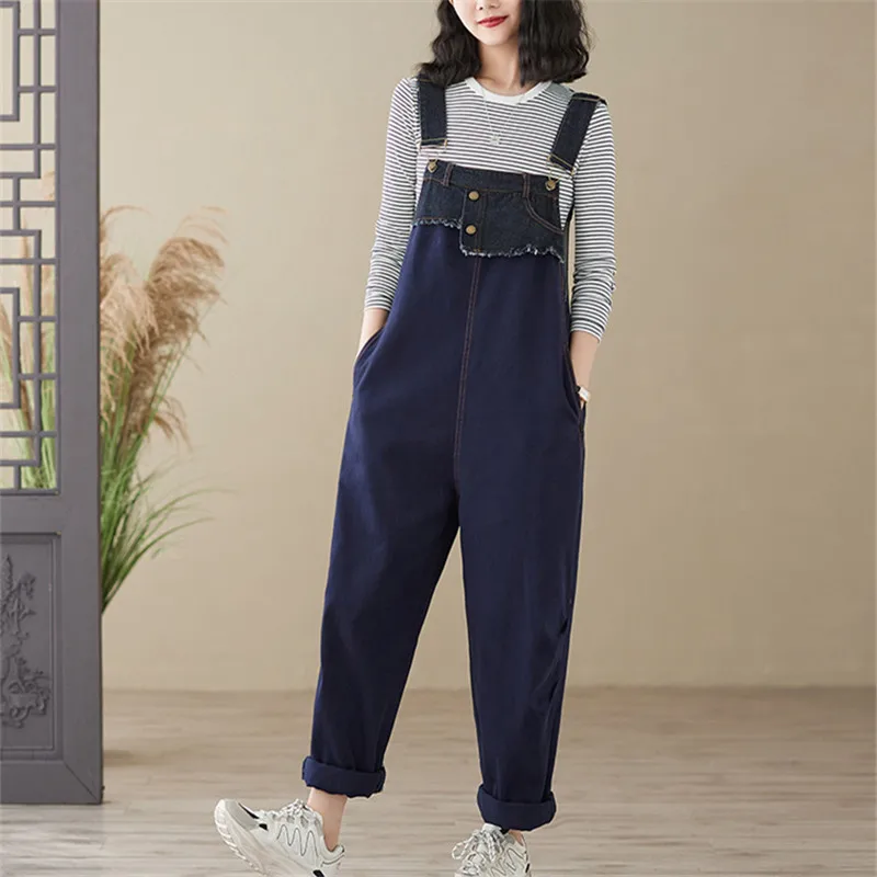 

British Style Splice Jumpsuits New Female Retro Overalls Women Casual Loose Jeans Punk Harajuku Rompers Combinaison Femme