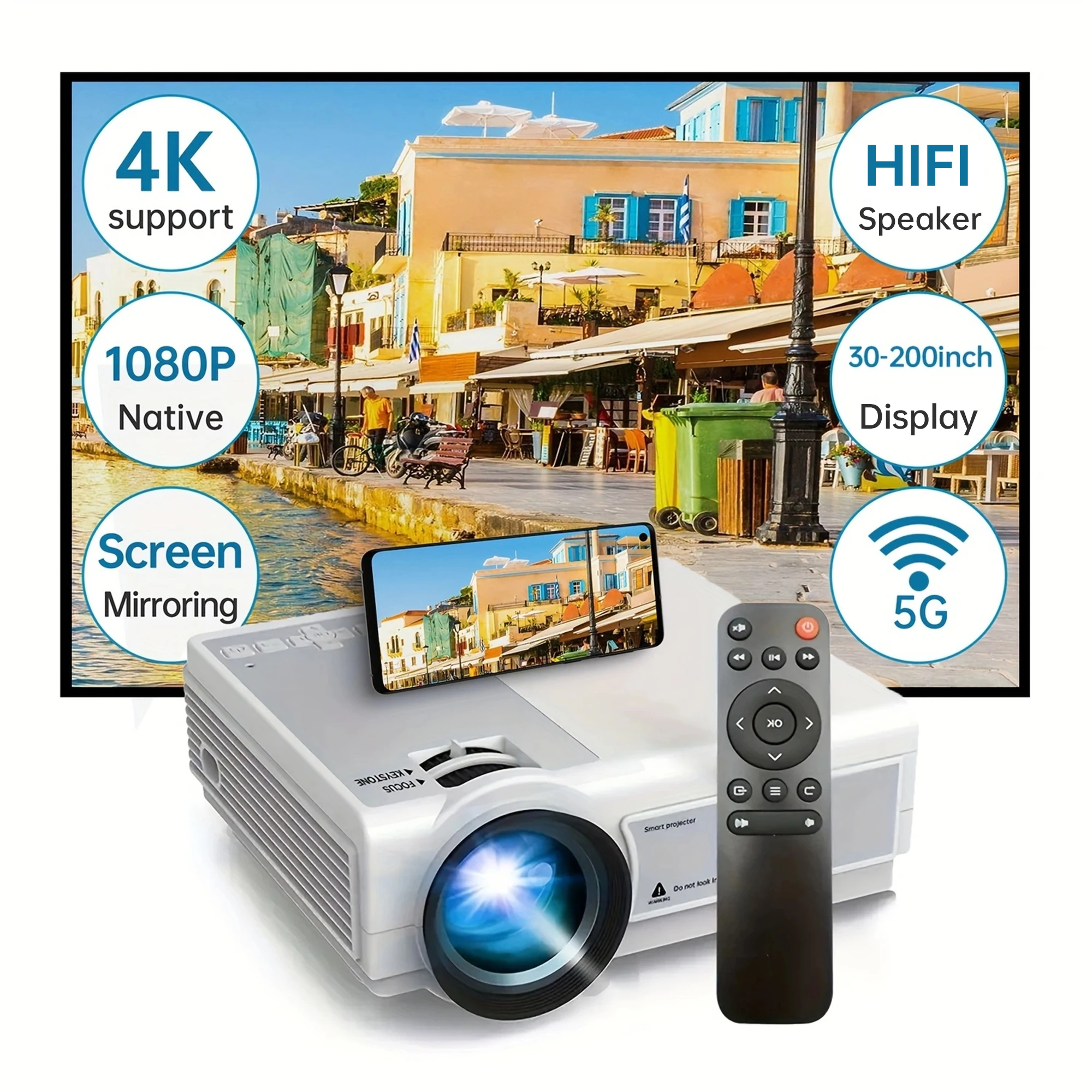 Native 1080P Projector with WiFi, 4K Support Home Projector, Portable Outdoor Projector,Movie Projector Compatible with TV Stick