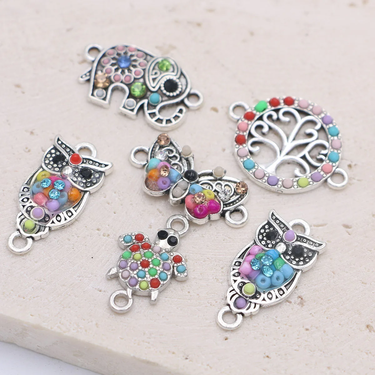 10Pcs Silver Plated Crystal Colorful Tree Butterfly Owl Charm Connectors for Making Bracelet DIY Craft Accessories - Image 4