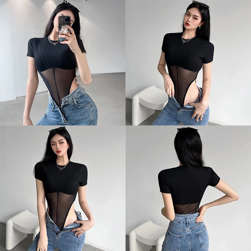 Sexy Bodycon Women Bodysuit Short Sleeve O Neck Open Basic Black Overalls Women Body Top Skinny Rompers .