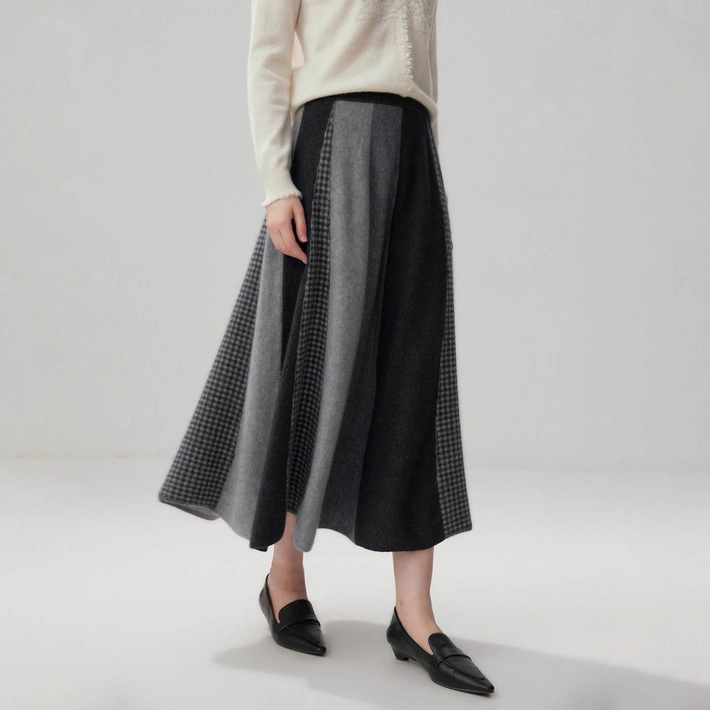 Retro Color Blocked Wave Skirt 100 Cashmere Skirt Women Skirt Autumn Winter A-Line Long Skirt Oversized Pleated Skirt Knit Dress