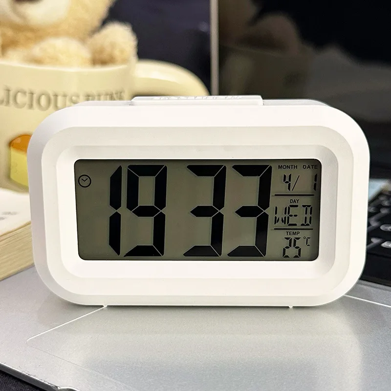 Smart Digital Alarm Clock Black White LCD Display with Temperature Calendar Timer Led Light for Bedroom Office (Without Battery)