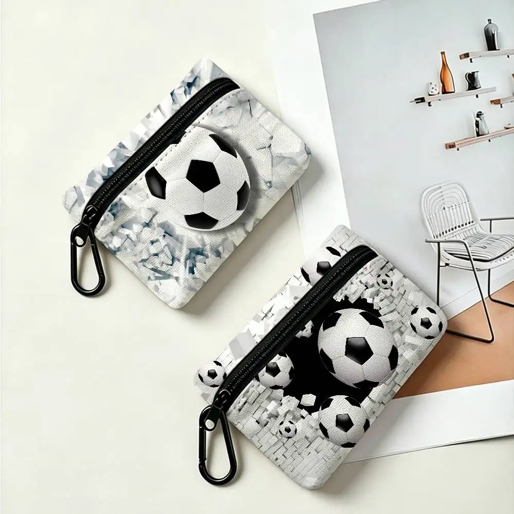COOL 3D FootBall Mini Oxford Cloth Coin Purse With Carabiner Hook Portable Key Card Wallet Small Zipper Storage Pouch
