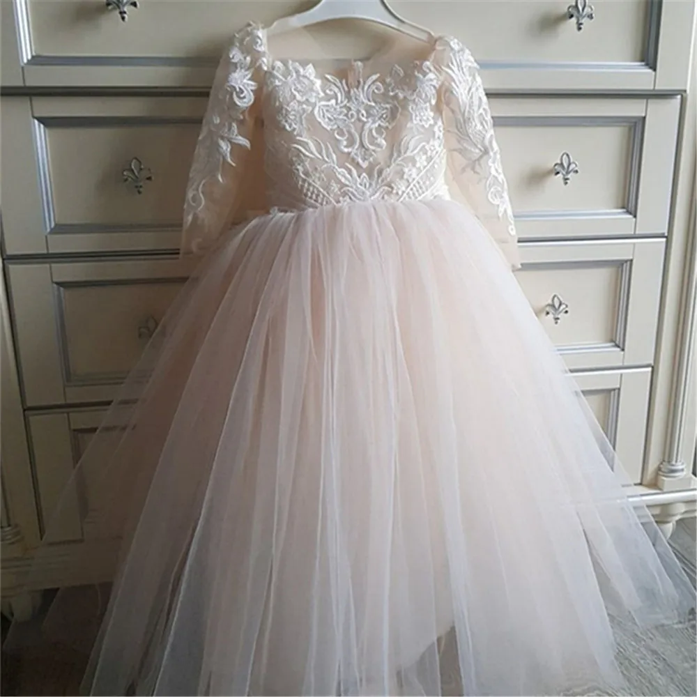 Ivory Lace Flower Girl Dress Kids Ball Gown First Communion Dress Lace Applique Birthday Party Dresses
