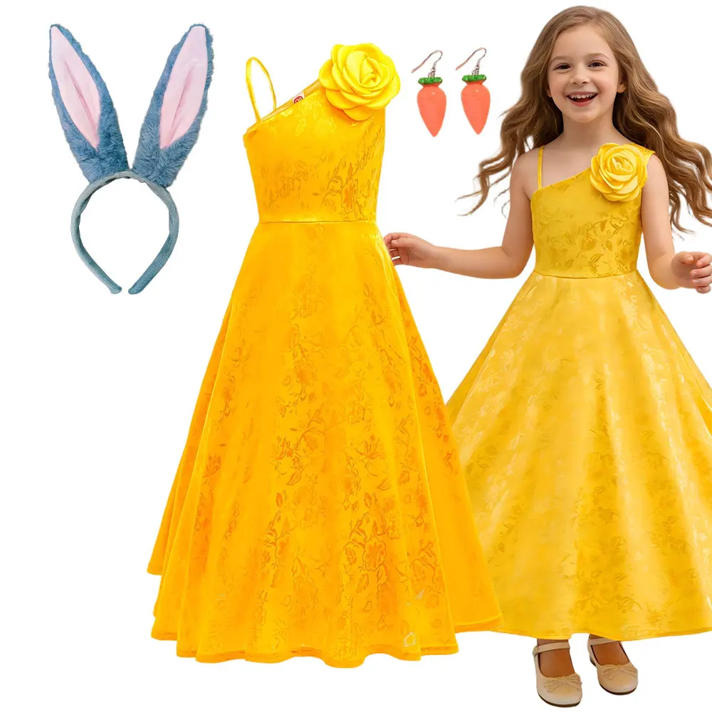 Summer Yellow One-Shoulder Princess Dress With Rose Print Pattern Flower Girls Wedding Party Costume Kids Cosplay Judy Ball Gown